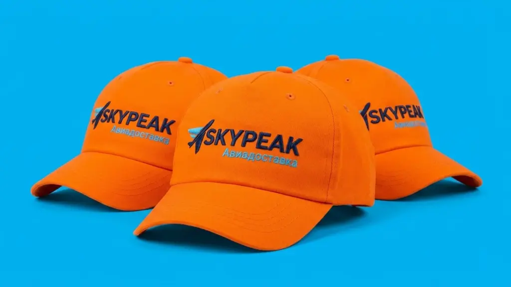 Три оранжевые бейсболки SkyPeak Logistics каскадом в ракурсе три четверти с вышивкой на передней панели