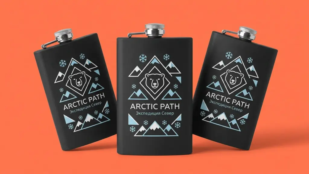 Три чёрные фляжки Arctic Path на коралловом фоне, ракурс три четверти