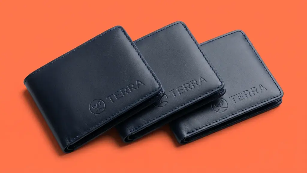 Три тёмно-синих кошелька TERRA расположены веером — видны объём и качество гладкой кожи