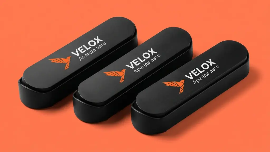 Три парковочные визитки Velox веером — оранжевый логотип сокола на чёрном матовом пластике