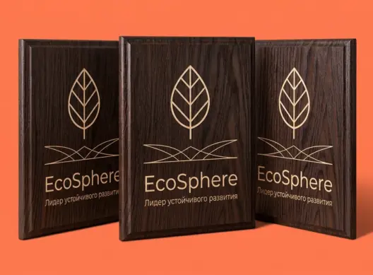 Три деревянные плакетки EcoSphere веером на коралловом фоне — видны фаски и матовая текстура венге