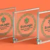 Три стеклянные плакетки EcoLogic Solutions с бликами на полированных фасках