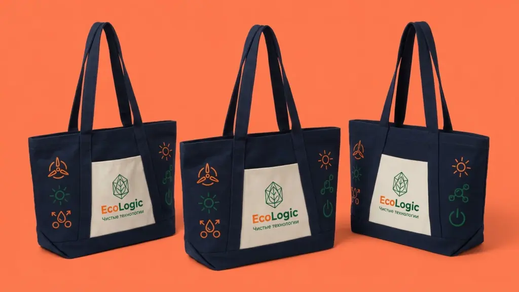 Три тёмно-синих шоппера EcoLogic с бежевой центральной вставкой в динамичной композиции три четверти