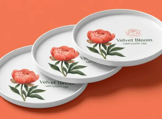 Три керамические тарелки Velvet Bloom с цветочным принтом, расположены каскадом в ракурсе три четверти