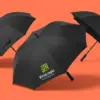 Три чёрных зонта-трости EcoLogic в динамичной композиции на коралловом фоне, логотип виден на переднем плане